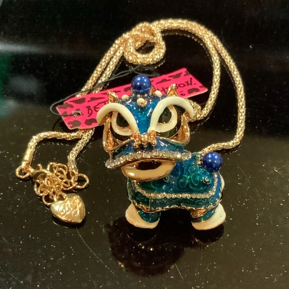 Betsey Johnson Necklace Foo Dog Blue Rhinestones Gold Tone #N551
